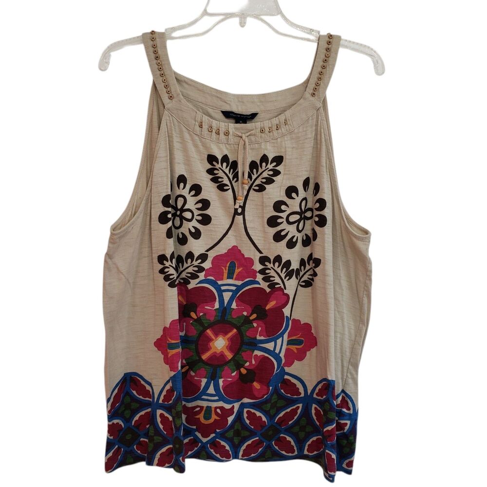 Tommy Hilfiger Tan and Black Smocked Graphic Tank Top